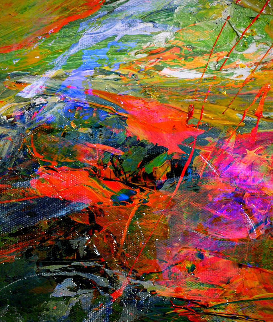 Imagen de un lienzo de composición abstracta y colorida. Diversos trazos de diferentes colores se alternan de manera irregular hasta completar la obra