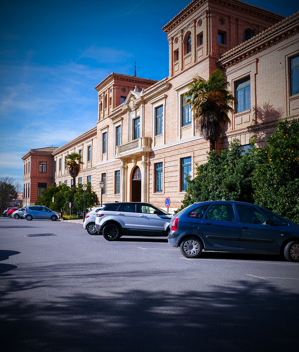 Fachada frontal de la Facultad de Bellas Artes con coches aparcados