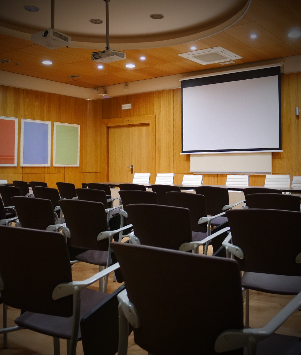 Salón de Grados de la Facultad de Bellas Artes con varias sillas y dos pantallas de proyección detrás de la mesa central