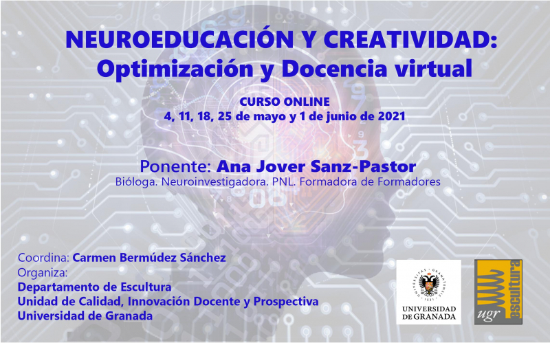 NEUROEDUCACIÓN CREATIVIDAD Optimización y Docencia virtual. CURSO ONLINE Cartel con los datos del evento